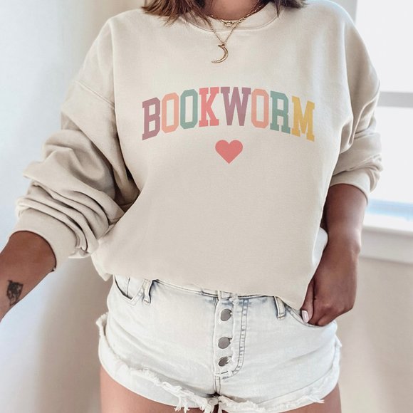 Bookworm Heart Sweatshirt - Cute Bookish Book Lover Gift Sand Sweater - Picture 5 of 8